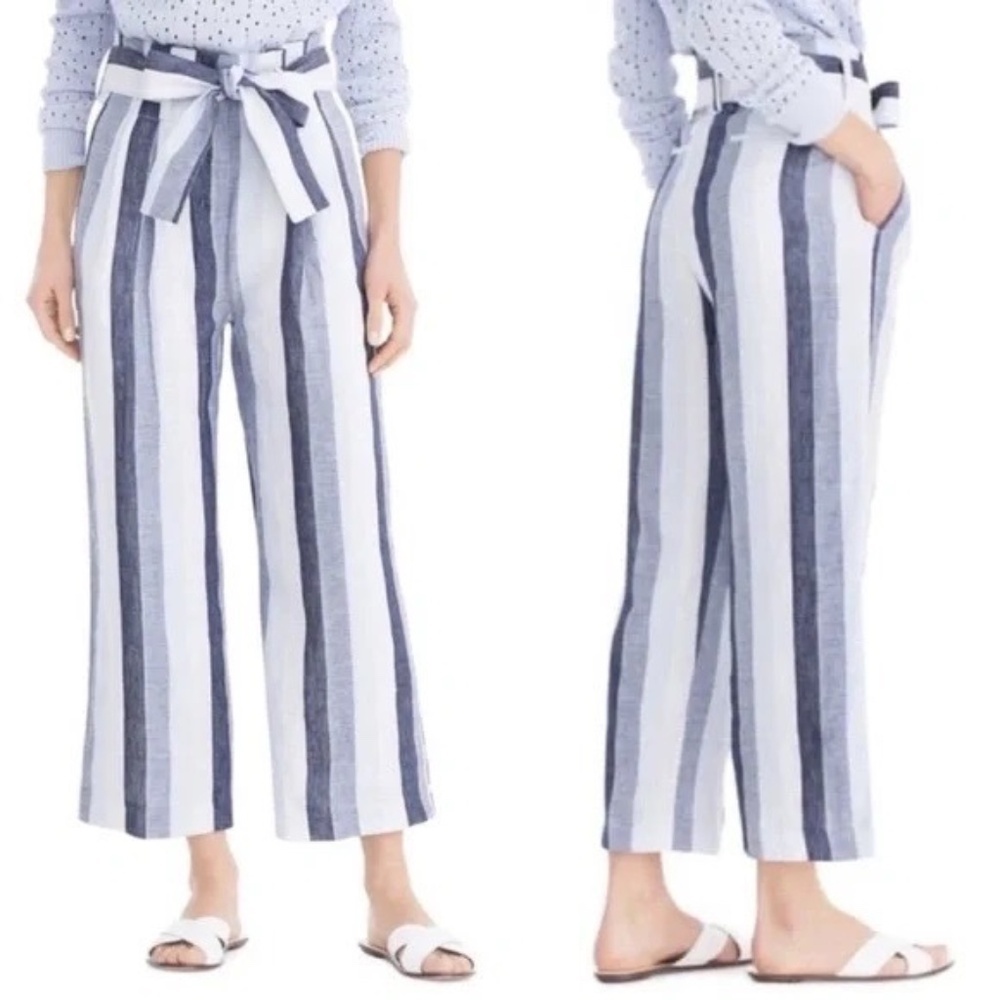 J.Crew Point Sur Stripe Linen Paper Bag Waist Linen Wide Leg Pant 2